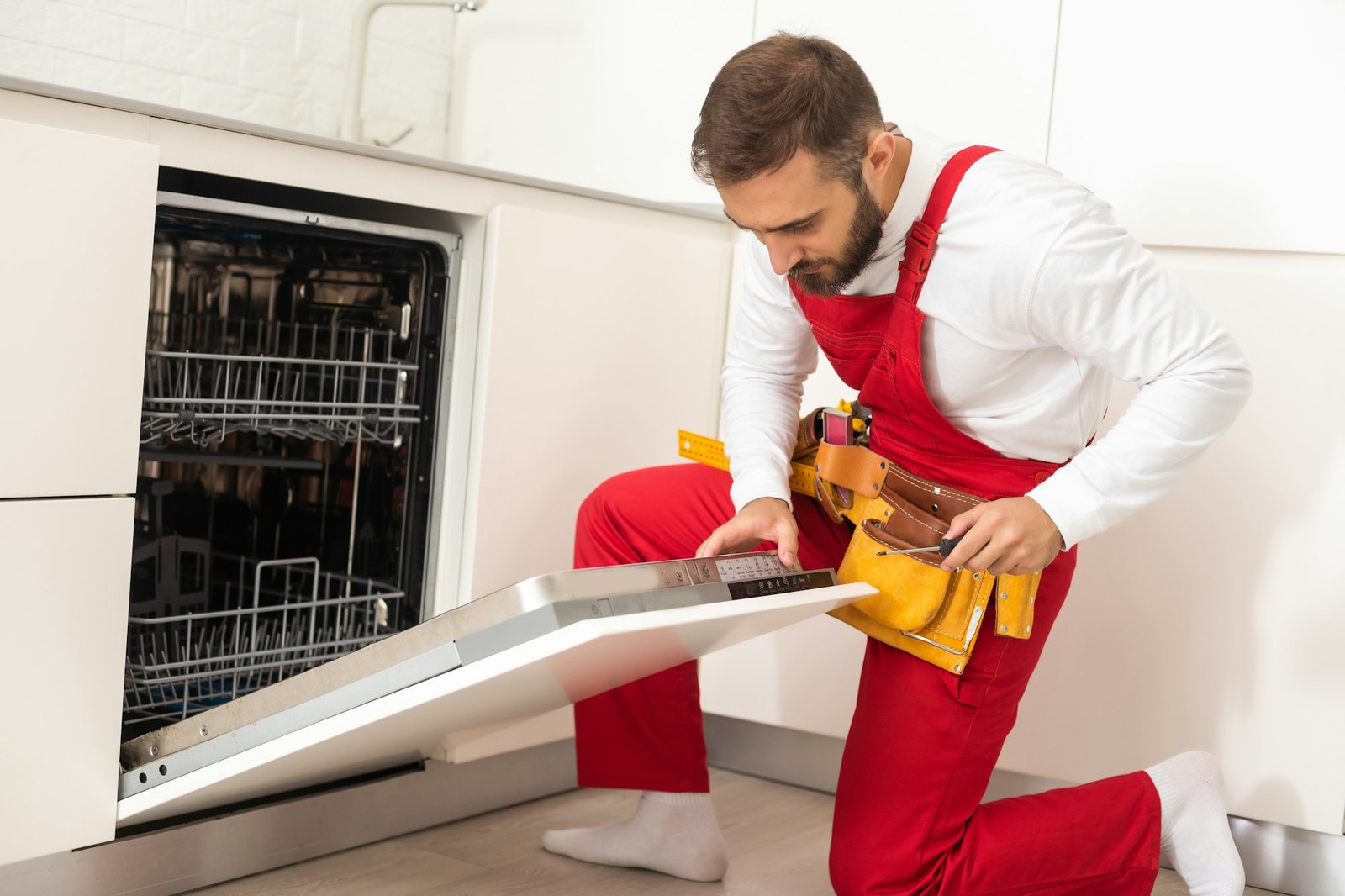 Technician or plumber repairing the dishwasher in a household